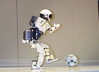 Side view of Sony robot kicking soccer ball